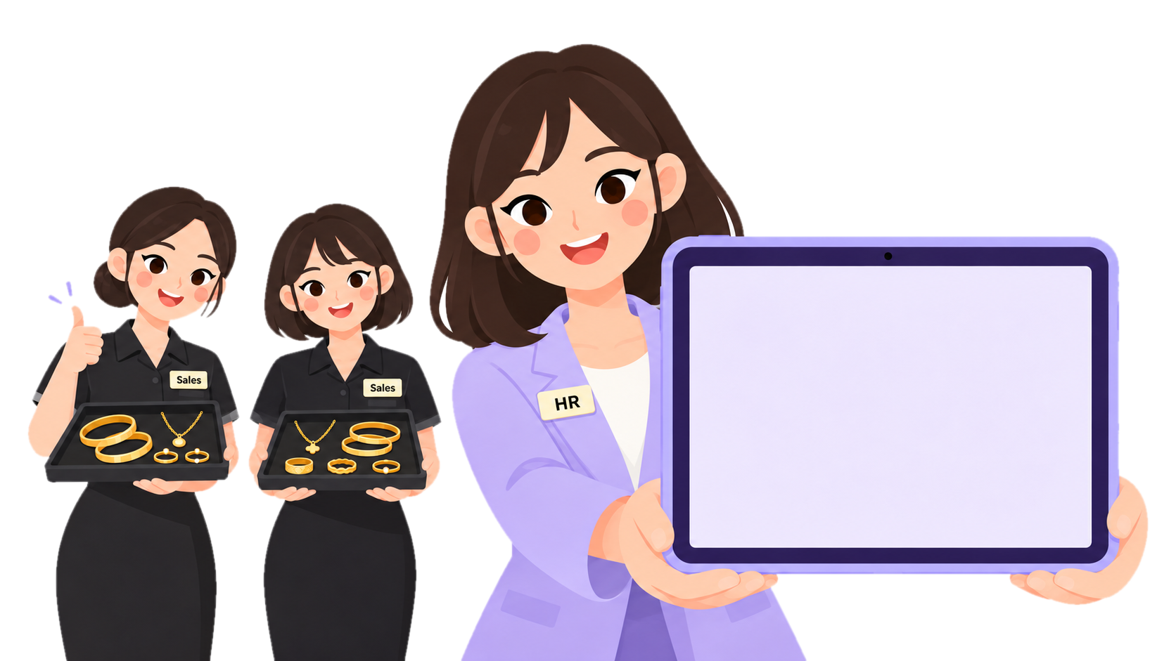 A store HR manager holding up the Lemontea staff portal on a tablet, with two jewellery store staff